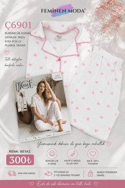 ç6901-bürümcük kumaş gömlek yaka kısa kollu pijama takımı-beyaz
