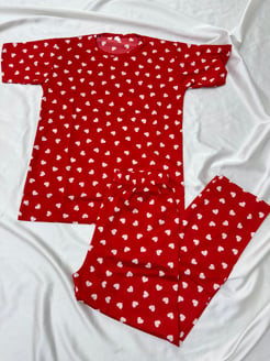 ç73012 - milan kumaş kısa kollu kalpli çoçuk pijama takımı - kırmızı 