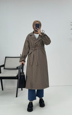 5941-kaşe kumaş-bilek ucu ipli desenli kaban-kahverengi