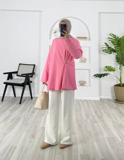 9015-iki iplik kumaş-önü aksesuar detaylı tunik-pembe