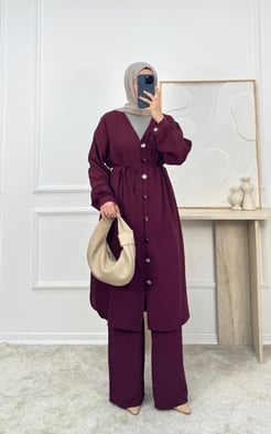 1511-modal kumaş düğmeli pantolonlu takım-bordo