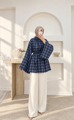6132-ekose kumaş baglamalı tunik-mavi 
