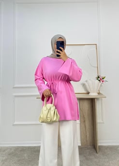 7313-kristal kumaş bağlamalı tunik-pembe