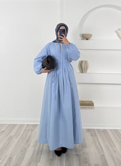 6068-poplin kumaş-önü nervüllü biyeli elbise-bebe mavisi 