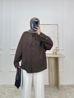 8736-poplin kumaş yaka detaylı gömlek-acı kahve