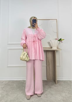9133-modal kumaş büzgülü bağlamalı pantolonlu takım-pembe