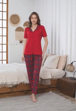 ç6098 - milan kumaş gömlek yaka kareli kısa kollu pijama takımı- kırmızı 