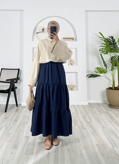3684-terikoton kumaş-beli lastikli etek-lacivert
