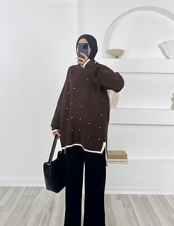 1463 - önü taşlı triko tunik -  acı kahve 