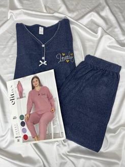 Ç8398 - büyük beden önü dügmeli fitilli pijama takımı - lacivert