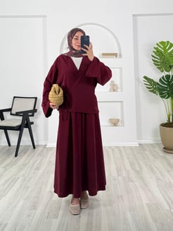 5647-cupra kumaş-üstü kimono etekli takım-bordo