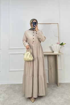 3316-çilek kumaş önü dügmeli baglamalı elbise-krem