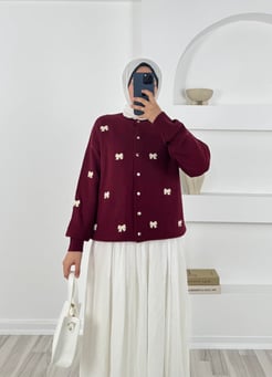 3243-fiyonk nakışlı triko hırka -bordo