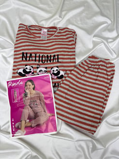 ç3475 - uzun kollu çizgili pijama takımı - turuncu 