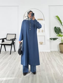 3545-ayrobin kumaş-yaka süs düğme detaylı pantolonlu takım-mavi