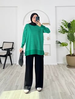 1416-çizgi detaylı yanları yırtmaçlı triko tunik-yeşil 