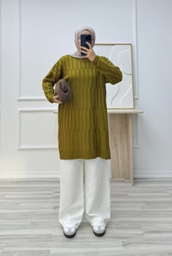 3174 simit yaka triko tunik -yağ yaşili