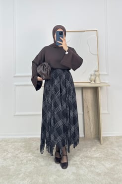 9615-ÇİZGİLİ ŞİFON ETEK-SİYAH