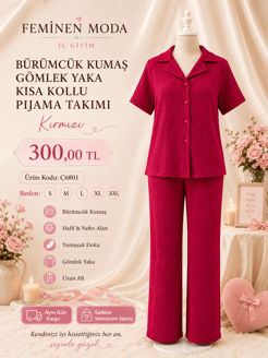 ç6801-bürümcük kumaş gömlek yaka kısa kollu pijama takımı-kırmızı