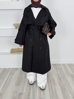 1037-astarlı uzun trençkot -siyah