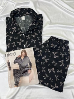 ç5823- lizbon milan kumaş gömlek yaka pijama takımı-siyah
