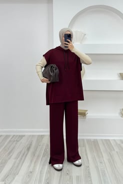 9952-OYSHO KUMAŞ YELEKLİ KAPÜŞONLU PANTOLONLU TAKIM-BORDO