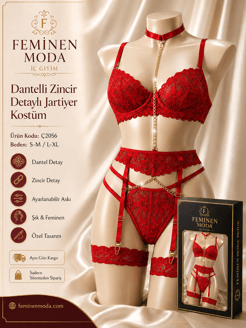 ç2056-dantelli zincir detaylı jartiyer-kırmızı