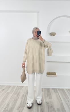 3174 simit yaka triko tunik -krem