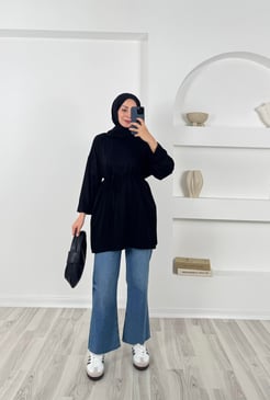 9704 kristal kumaş kolları katlama detaylı yanları yırtmaçlı tunik-siyah 