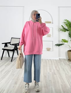 2349-iplik kumaş KAPŞONLU TUNİK pembe 