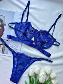 Ç3987- DESTEKSIZ DANTEL BRALET TAKIM - SAKS MAVİSİ
