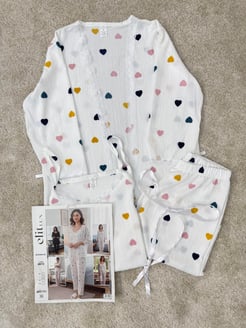 ç8614-bürümcük kumaş kalpli 3lü pijama takımı-beyaz