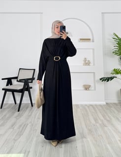 0369 - damla kumaş önü tokalı kalın elbise - siyah  