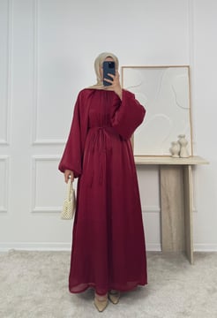2127-balon kol biyeli şifon elbise-bordo