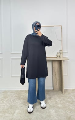 0864 -oysho kumaş yanları yırtmaçlı tunik -füme 