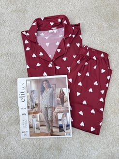 ç8616-milan kumaş gömlek yaka kalpli pijama takımı-bordo