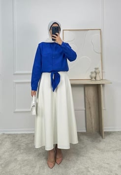 2879-poplin kumaş-önden bağlamalı tek cepli gömlek-saks mavisi
