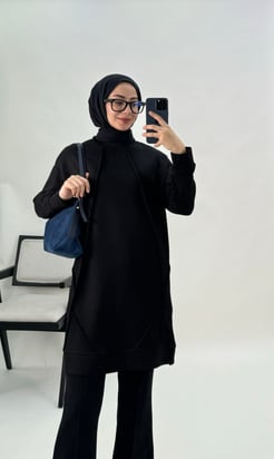 2912-oysho kumaş-önü çımalı yanları yırtmaçlı tunik-siyah