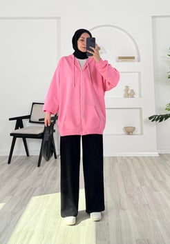 13028 - iki iplik kumaş kapşonlu fermuarlı hırka - pembe 
