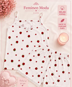 ç0010-milan kumaş şortlu ip askılı çilekli pijama takımı-beyaz
