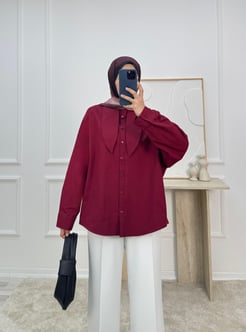 8736-poplin kumaş yaka detaylı gömlek-bordo