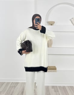 3641 - kolları dügme detaylı triko tunik - beyaz-siyah