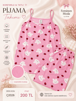 ç2026-kaşkorse kumaş ip askılı şortlu tavşanlı pijama takımı-pembe 