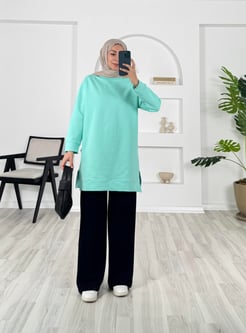 3622-kristal kumaş-yanları yırtmaçlı tunik-su yeşili 