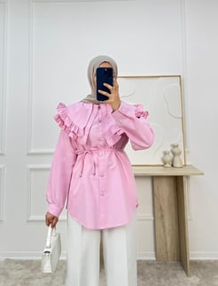 1854-terikoton kumaş yakalı kuşaklı gömlek-pembe