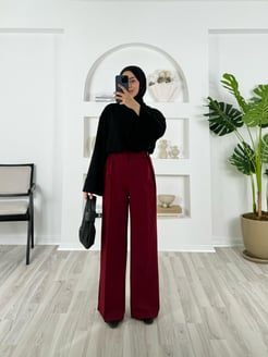 9941-dabıl kumaş düğme detaylı bel kısmı pileli pantolon bordo