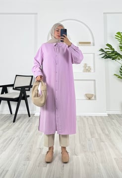 9410 - linda kumaş çizgili uzun tunik - pembe  