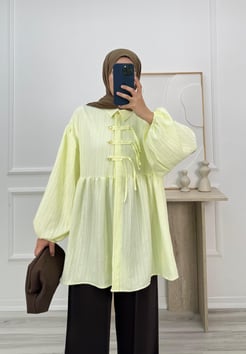 6358-nada kumaş düğmeli tunik-sarı