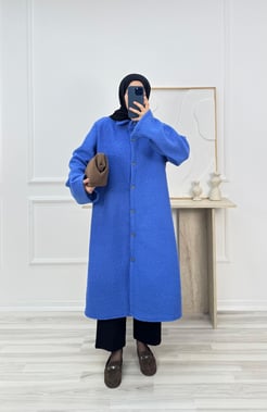 9685-buklet kumaş düğmeli kaban-mavi