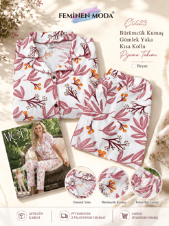 ç6623-bürümcük kumaş gömlek yaka kısa kollu pijama takımı-beyaz